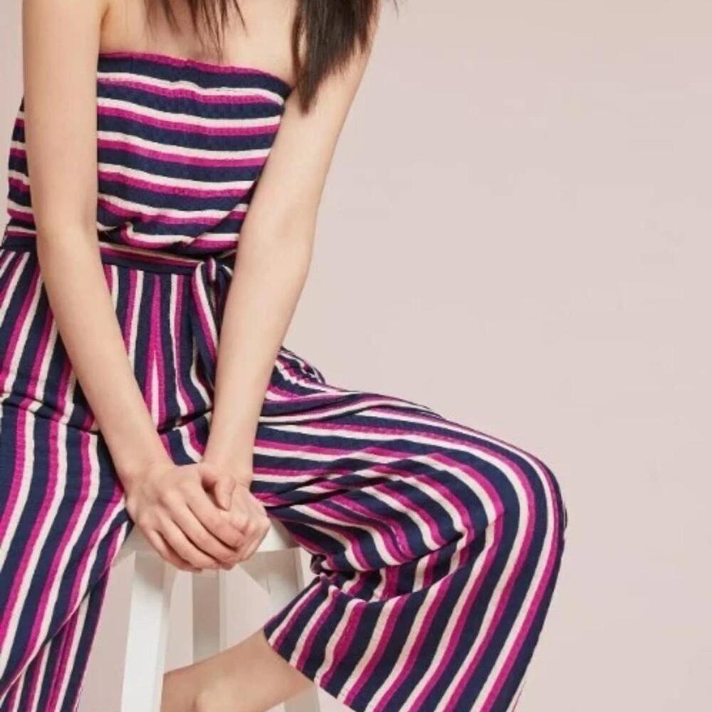 Anthropologie navy pink striped jumpsuit women's size medium